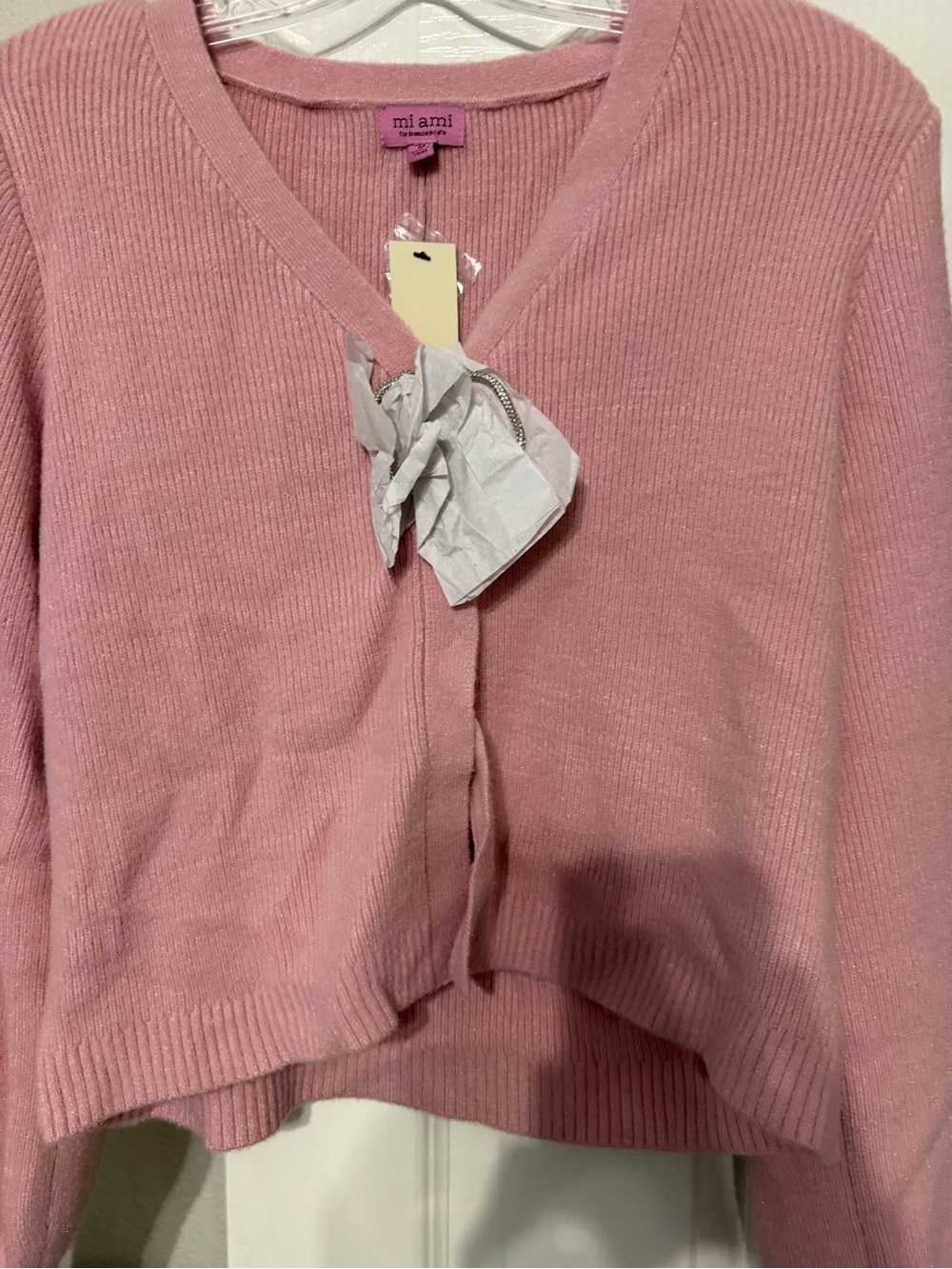 miami Pink V-Neck Ribbed Cardigan Sweater medium nwt sparkle bow